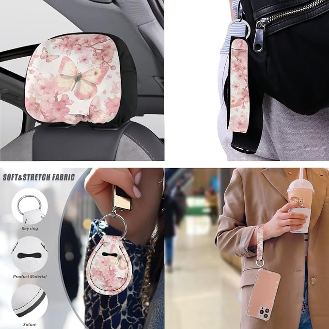 Full Set 10 Pcs Peach Blossom Butterfly Car Seat Covers, Spring Peach Blossoms Automotive Rear Front Seat Protector, Butterflies Aesthetic Steering Wheel Cover