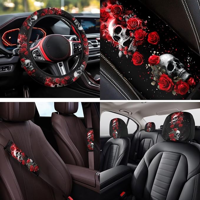 Bulopur Gothic Skull Red Rose Vehicle Seat Covers Front and Backseat with Matching Car Armrest Pad 15 Inch Steering Wheel Cover Auto Seat Belt Covers Coasters Automotive Interior Decor Set