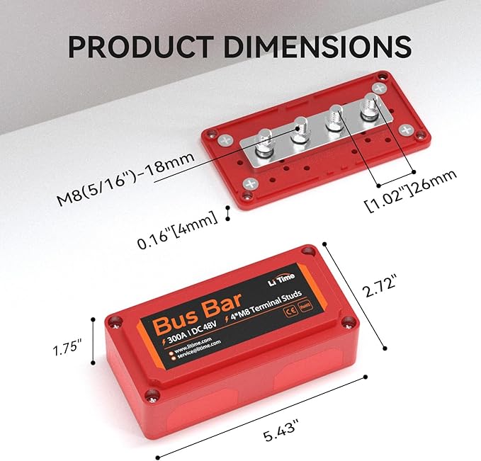 Litime 300A Bus Bar, Power Distribution Block with 4*M8 Terminal Posts, Max. DC 48V for Automotive, Marine, Solar Applications and Electrical System, Red