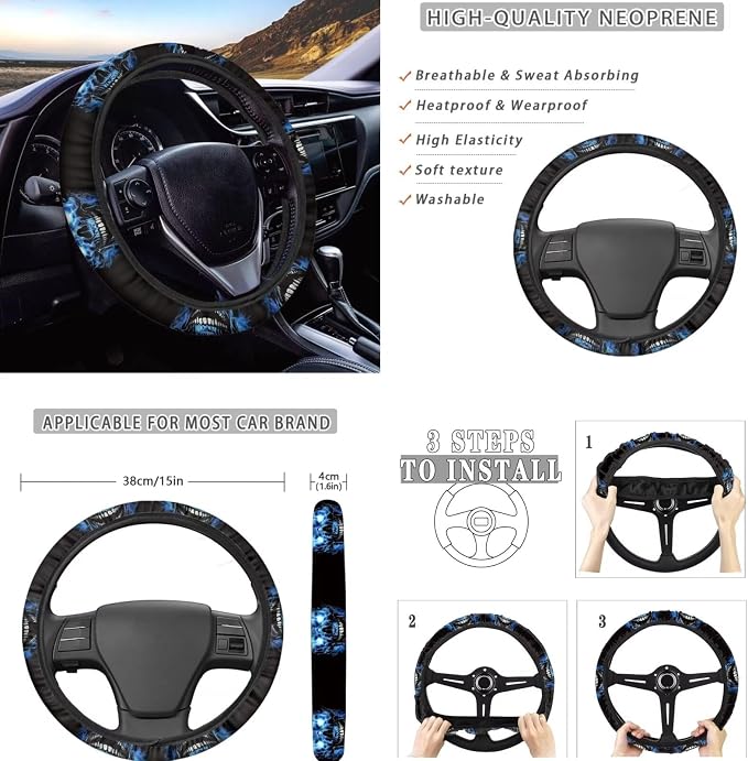 Skull Car Seat Covers Full Set with Steering Wheel Cover+Coasters+Seatbelt Pad Cover+Gear Lever Cover+Hand Brake Cover Universal Fit Most Vehicles Auto Accessories, 11Pcs