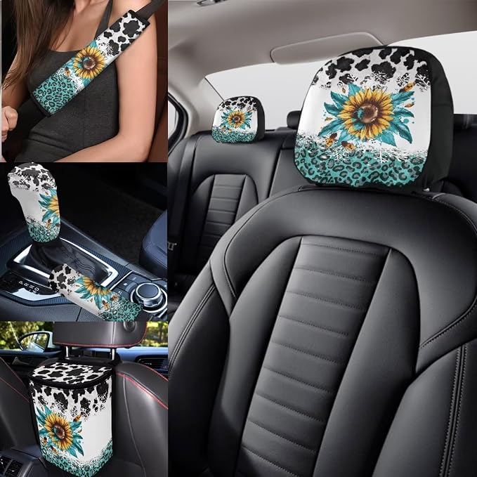 Cute Cow Print Car Seat Covers Full Set of 17 Pcs Sunflower Car Accessories for Women with Auto Headrest Covers Auto Steering Wheel Cover Keychains,Universal Automotive Interior Set Decor