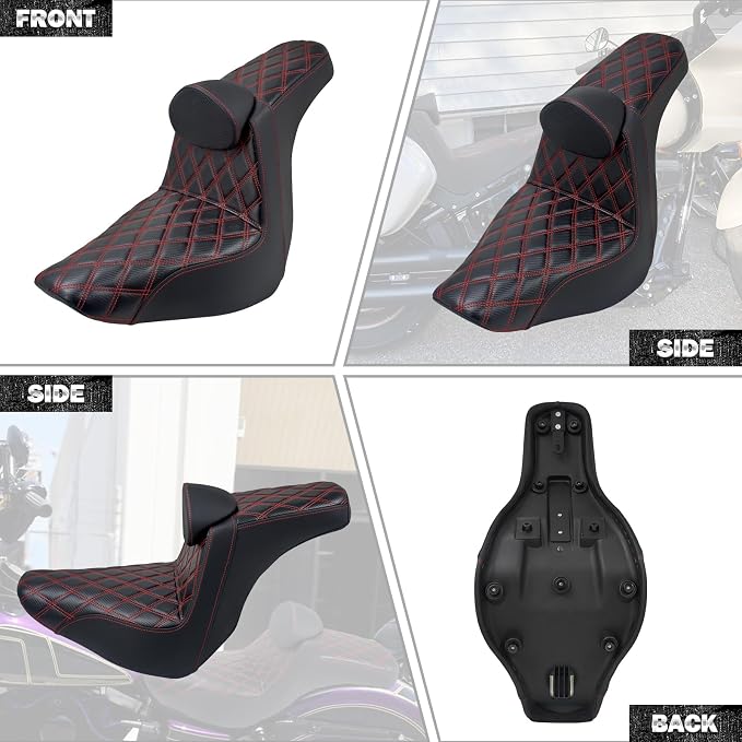 Motorcycle Seat Driver Passenger Seat with Backrests for Harley Low Rider Low Rider S ST 2018-up (Black with red stitching)
