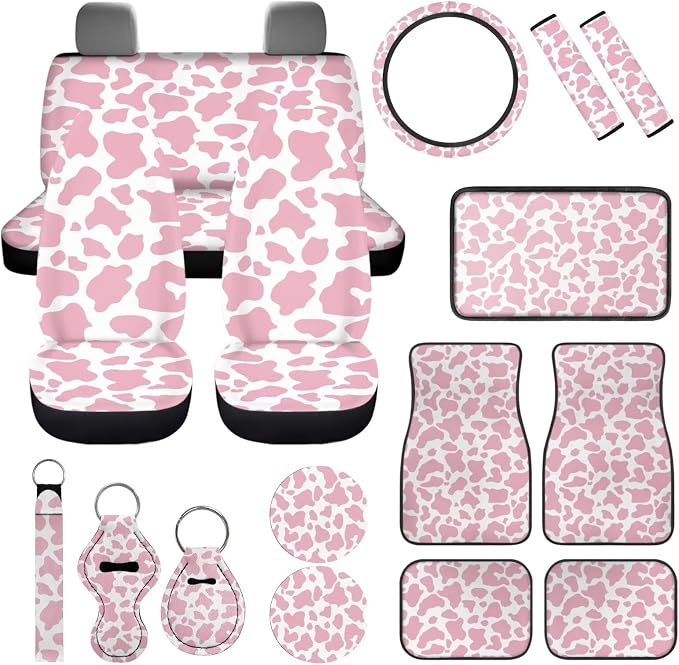 Pink Cow Print Car Seat Covers Full Set of 17 Pack Cute Cow Print Car Accessories Set with Vehicle Front Rear Carpets Mats Steering Wheel Accessories Armrest Pad,Universal Fit Most Car SUV