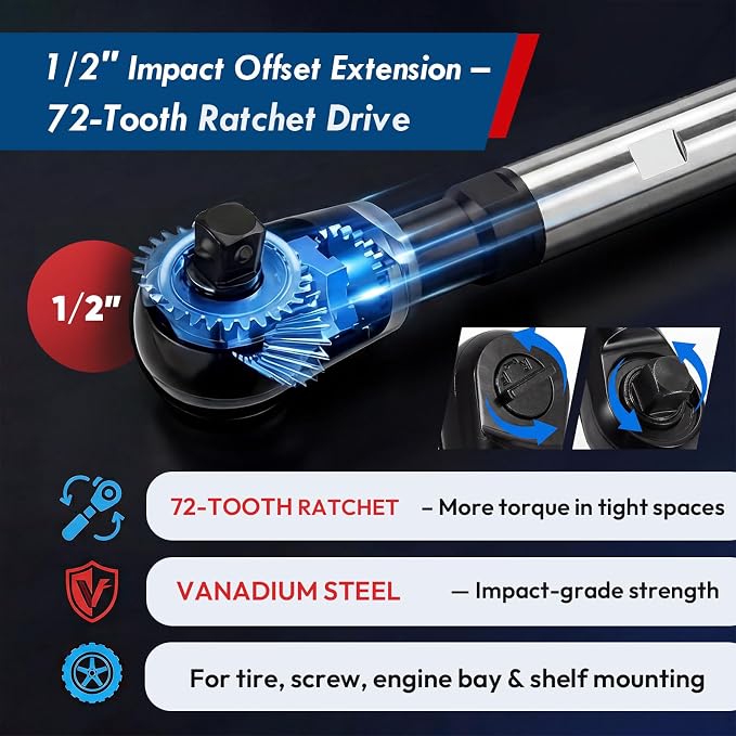 GIRAVO 1/2" Offset Extension Wrench Impact Set, Switchable 3-in-1 Drive Impact Ratchet Wrench, Offset Wrench with Versatile 3/8" Square Drive Adapters for Tight Spaces
