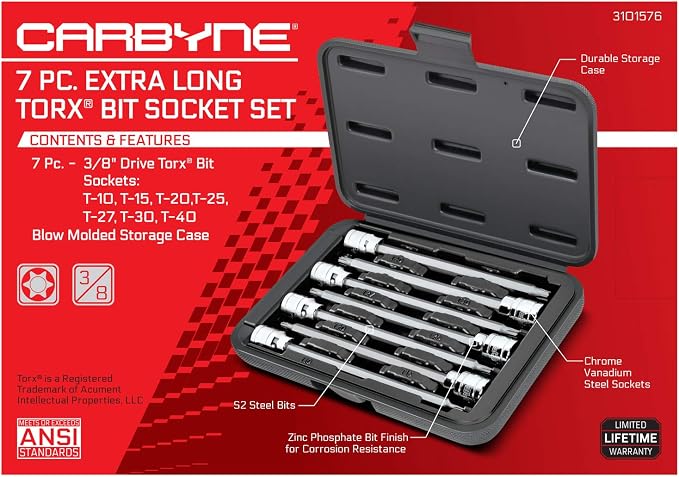 CARBYNE 7-Piece Torx Extra Long Bit Socket Set, T10 to T40, 3/8 in. Drive, S2 Steel Bits, CrV Sockets, Zinc Phosphate, 6.1 in. Length, Durable Case, Genuine Licensed Torx