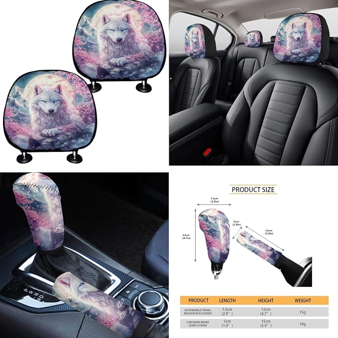 Cherry Blossoms Wolf Car Seat Covers Full Set for Women Floral Car Accessories Steering Wheel Cover Seatbelt Pad Coasters Trash Can Car Headrest Pillow Covers Armrest Pad
