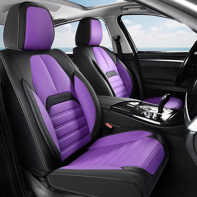 Coverado Waterproof Nappa Leather Car Seat Covers, Automotive Seat Covers，Front Car Seat Cushion & Car Seat Protector, Seat Covers Universal Fit for Most Cars, SUVs,Trucks,Black&Purpe