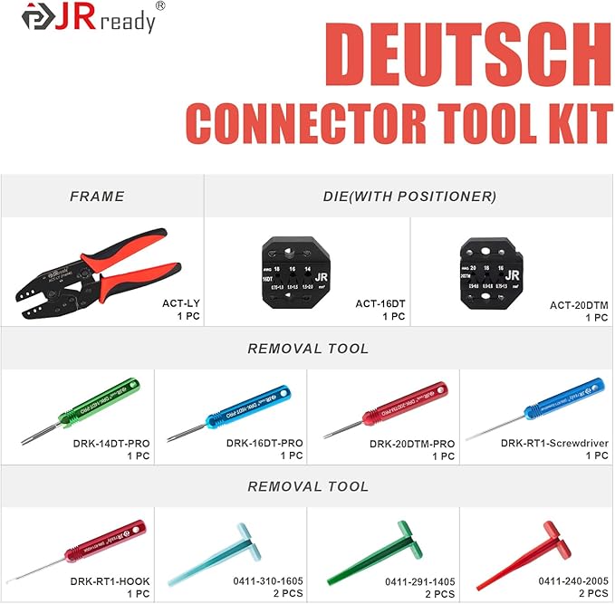 JRready ST2190 Deutsch Crimp Tool Kit, Open Barrel Crimper for Size 16 & 20 Stamped Contacts, 14-20 AWG, Work with DT DTM Series Connectors, with Pin Removal Tools for Terminal Repair & Installation