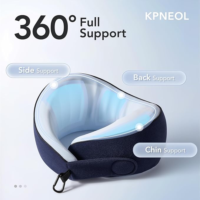 KPNEOL Travel Pillow, 100% Pure Memory Foam Travel Neck Pillow Airplane Neck Support Ergonomic Design for Traveling Suitable for Airplanes,Offices and Cars-Cooling Silk Blue