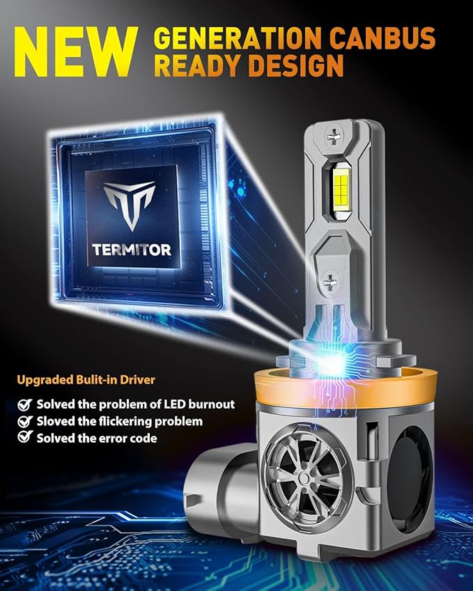 Termitor Upgraded H11/H9 Light Bulbs, 45,000LM Ultra Brightness, 6500K Cool White, 85K+ Hours Lifespan, IP68 Waterproof, 1:1 Halogen Replacement H11 Powersports Light Bulbs, Plug-N-Play, Pack of 2