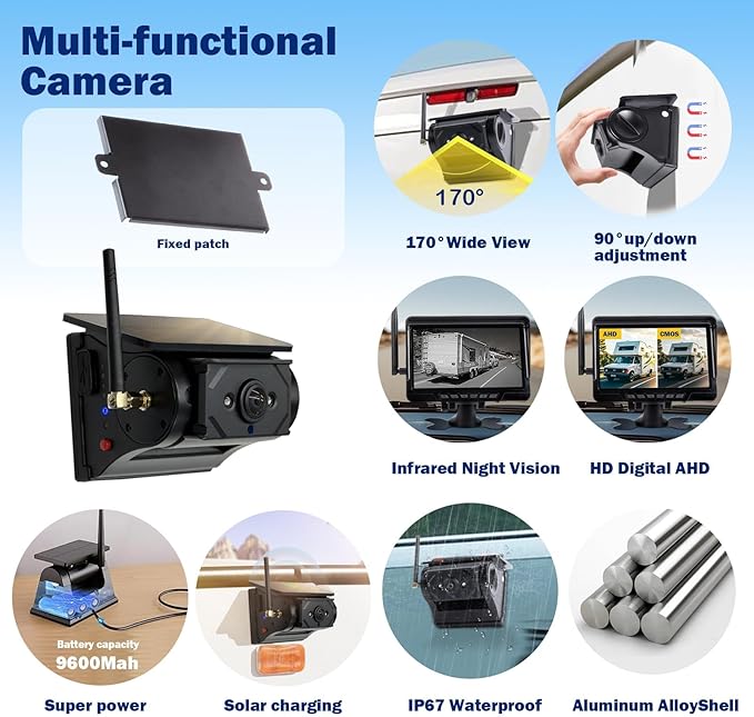 Magnetic Solar Wireless Backup Camera 7" HD 1080P Recording Monitor, Alarm Function, Night Vision, Vehicle Back up Cameras for Car RV Truck Trailer Camper SUV