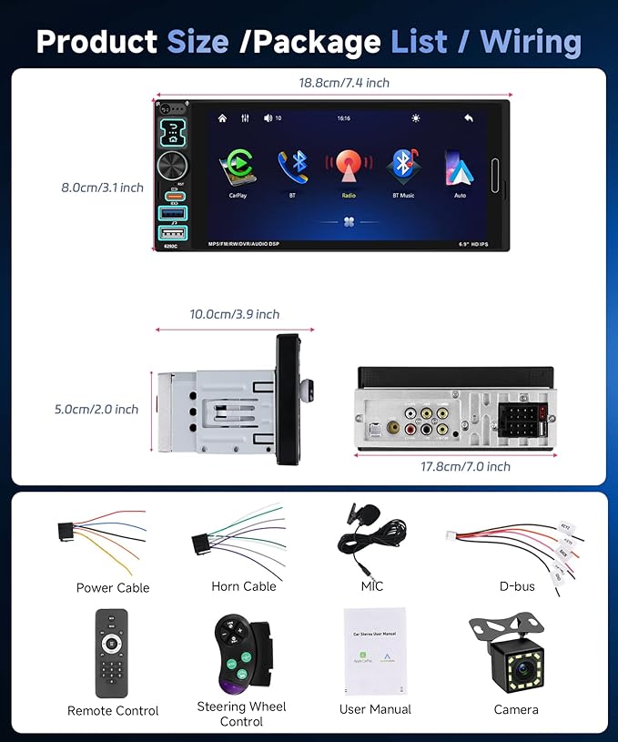 Single Din Car Stereo with A-pple Carplay Android Auto, 6.9" IPS Touch Screen Car Radio 1 Din with Rear View Camera，Head Unit Support Mirror Link Bluetooth FM USB EQ SWC
