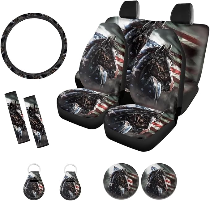 Suobstales Horse American Flag Print Car Accessories for Women Seat Covers Set with Universal Steering Wheel Cover Seatbelt Pads, Cup Holder Coasters, Keychain Fits SUV Trunk Sedan