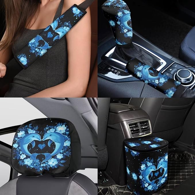 BIGCARJOB Cute Blue Dolphin Car Seat Accessories Full Set 15 Pack Neon Dolphin Seat Cover for Cars Front and Rear Handbrake Cover,Headrest Pillow Cover,Seat Belt Pads,Universal Fit