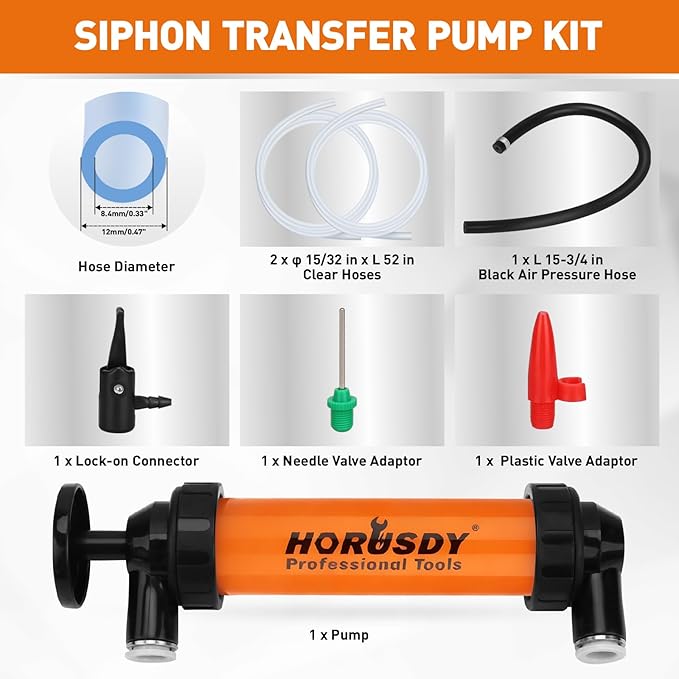 HORUSDY Multi-Use Siphon Transfer Pump Kit Hand Fuel Pumps for Gas Oil Water with Air Hose, Portable Manual Fuel Transfer Pump for Boat, Car, RV, Emergency, Lawn Mower Fluid Drainage