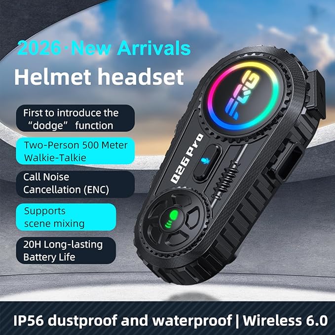 2 Pack Motorcycle Helmet Headset Bluetooth Intercom 2-Way Communication System, 1600FT Range, 18Hrs Talk Time, IP56 Waterproof, AI Voice Assistant, Detachable Design for Motorcycle Ski Snowmobile