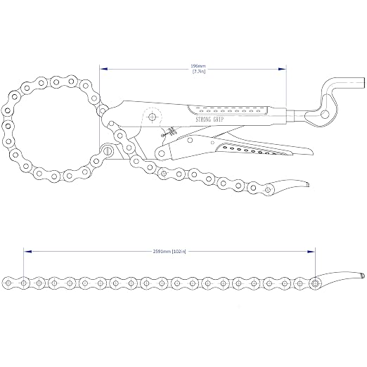 Strong Hand Tools Locking Chain Pliers 10 Inch with 102 Inch Chain, Maximum Load of 200 LB, Heavy Duty Adjustable Chain Clamp for Welding, Automotive, Metalworking, Pipe and Exhaust Repair PFC10102