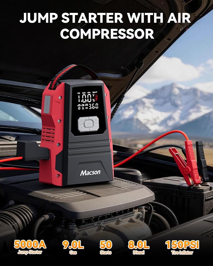 5000A Jump Starter with Air Compressor - Portable 12V Jump Box Battery Pack for 9.0L Gas/8.0L Diesel Engines, Car Jumper Starter Portable with 150PSI Tire Inflator, LED Screen, Fold-Up LED Flashlight