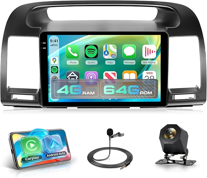 4G+64G Android Car Stereo Carplay for Toyota Camry 2000 2001 2002 2003 2004 2005 2006, Rimoody 9 Inch Touch Screen Car Radio with GPS WiFi Bluetooth FM Mirror Link Android Auto Backup Camera