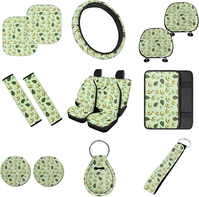 16 Pcs Avocado Car Seat Covers Full Set Green Car Sunshade for Windshield Auto Steering Wheel Cover Armrest Cushion Head Rest Protector Seat Belt Covers with Keychain Fruit Accessories