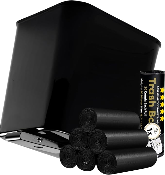 Black Car Trash Can Plus Trash Bag Bundle – Waterproof, w/Floor Mat Clip, Leakproof Build, Portable – Includes 1 Roll Inside + 6 Extra Roll (140pcs Total) – Black, Large – for Cars, SUV, &