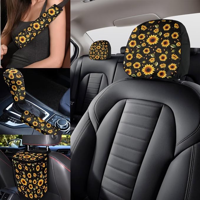 Sunflowers Car Seat Covers Full Set 17 Pack,Sunflower Car Aaccessories for Women Automotive Seat Head Rest Protector for Auto Front Seat Rest Decoration Soft Seat Belt Shoulder Pad