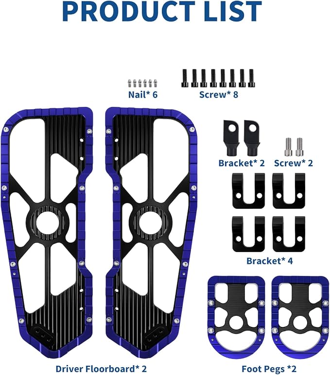 Motorcycle Floorboards Set Driver Front Footboards and Rear Passenger Foot Pegs Kit Offroad MX Style Fit for Harley Touring Road King Road Glide Electra Glide Street Glide (Blue Edge)