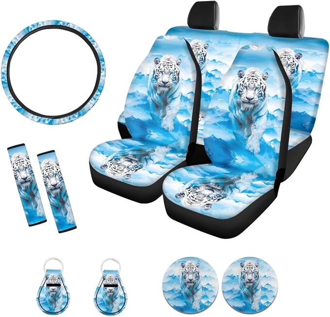 Xoenoiee White Tiger Print Front Rear Seat Cover for Car SUV Interior Accessories Set with Steering Wheel Cover, Seat Belt Cover, Auto Coasters, Key Chains, 11 Pcs