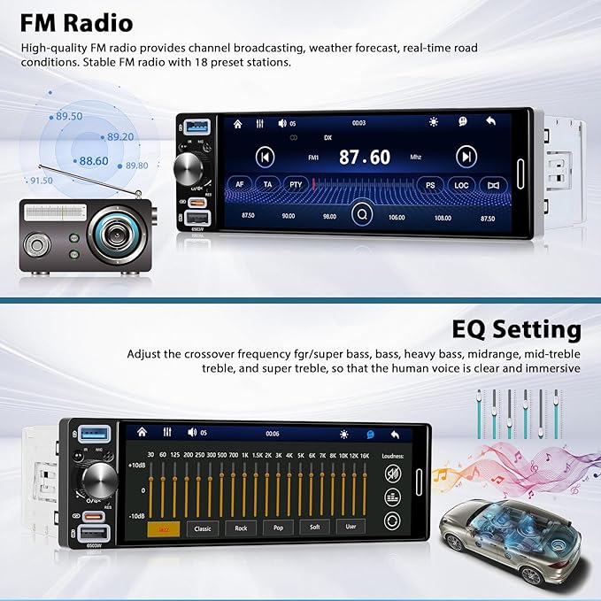 Inefala 6.5" Wireless Carplay Car Stereo Incell Single Din Touchscreen Radio Android Auto Bluetooth 5.2 Backup Camera Car Audio Receiver USB Type C FM RDS EQ SWC MIC