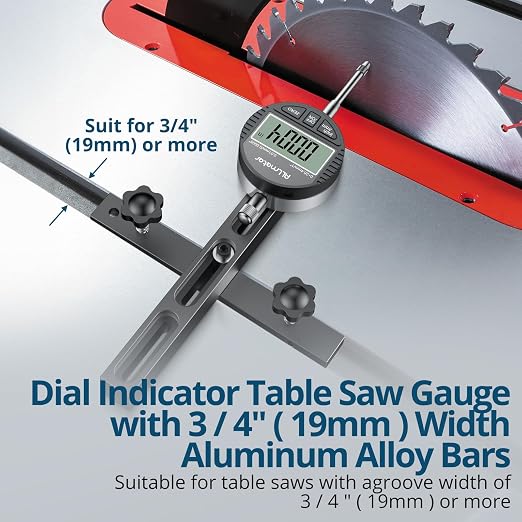 Table Saw Alignment Tool with Digital Dial Indicator,0.0005" Precision Calibration Gauge for Blade,Fence & Arbor Runout,Fast Setup CNC Aluminum Design,Fits Standard 3/4" (19mm) Miter Slots
