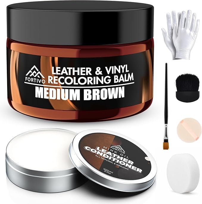 FORTIVO Leather Recoloring Balm with Mink Oil, Couch Repair Kit, Leather Dye and Restorer for Furniture