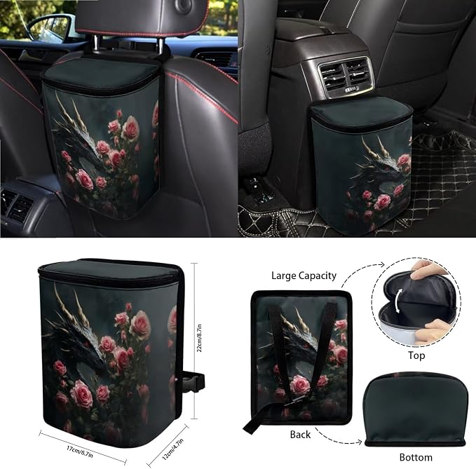 Cool Dragon Roses Print 15Pcs Car Seat Cover Full Set Car Steering Wheel Cover Seat Belt Cover Trash Bin Air Vent Storage Box Front Rear View Mirror Car Cup Holder Keychain