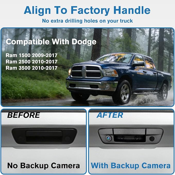 Junsun 1080P Tailgate Handle Backup Camera, IP67 Waterproof Reverse Rear View Camera for Dodge RAM 1500 2009-2017,for RAM 2500 3500 2010-2017 Pickup, w/RCA Connector & Key Hole, Wide Angle Lens