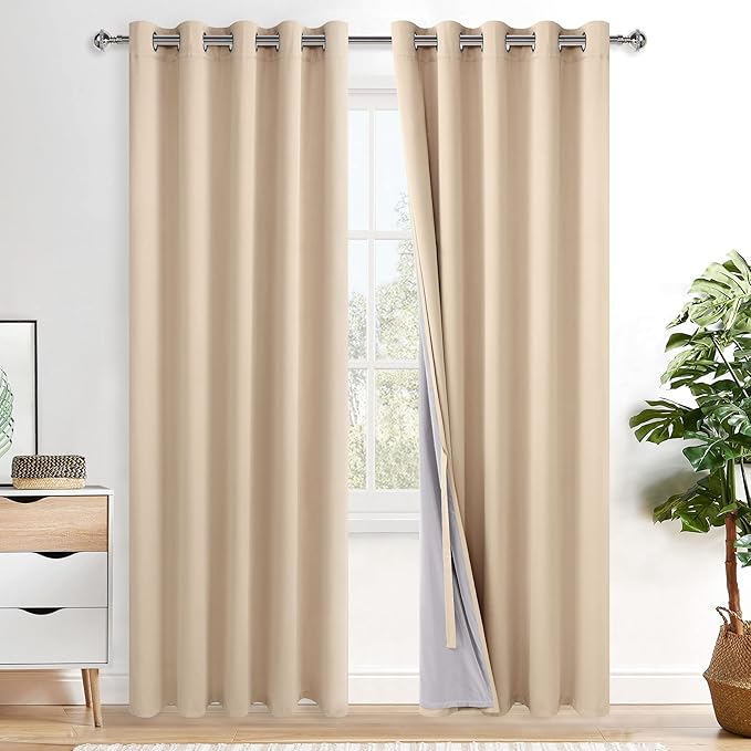 XWZO 100% Blackout Curtain Panels - Thermal Insulated Black Liner Curtains, Noise Reducing and Heat Blocking Drapes for Bedroom and Studio Windows with Tiebacks, Biscotti Beige, W60 x L84, Set of 2