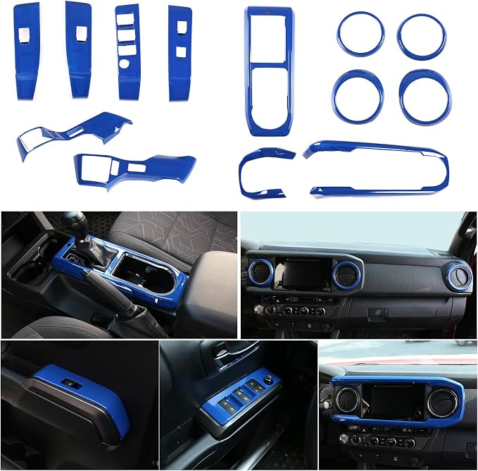 Lcojicep 14PCS Full Set Interior Decoration Trim Kit Compatible with Toyot@ Tacoma 2016-2022 Central Control Dashboard Frame Cover Shift Knob Cover Air Vent Trim Cover Window Button Cover (Deep Blue)