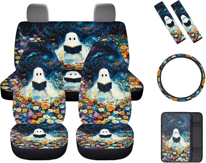 White Ghost Flower Print Car Seat Covers Full Set with Car Steering Wheel Cover, Auto Armrest Pad Protector, Auto Seat Belt Pads, Halloween Automitive Decorations