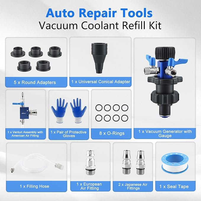 Coolant Vacuum Refill Kit with Gauge, Cooling System Vacuum Fill Tool with Leak Detector, 5 Round Adapters 1 Conical Adapter, Radiator Coolant Fill Kit with Dual-Movement Gauge for Vacuum Leak