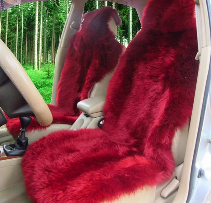 Winter Warm Authentic Australia Sheepskin Car Seat Cover Luxury Long Wool Front Seat Cover Fits Most Car, Truck, SUV, or Van (Wine red)