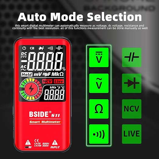 BSIDE Color LCD Digital Multimeter 3 Results Display 9999 Counts Auto-Ranging Ohmmeter, Rechargeable with Smart Mode, Capacitance Ohm Frequency Diode Duty Cycle Live Check Voltage Tester