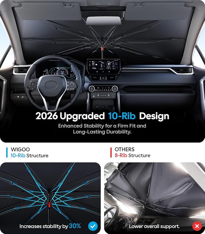 Wigoo Car Windshield Sun Shade Umbrella, UV Block & Heat Insulation, Reinforced Shaft Foldable Sunshade Keeps Car Cool & Protects Interior, Universal Fit for Pick-up & Van, A6 (51.6 * 28.5 in)