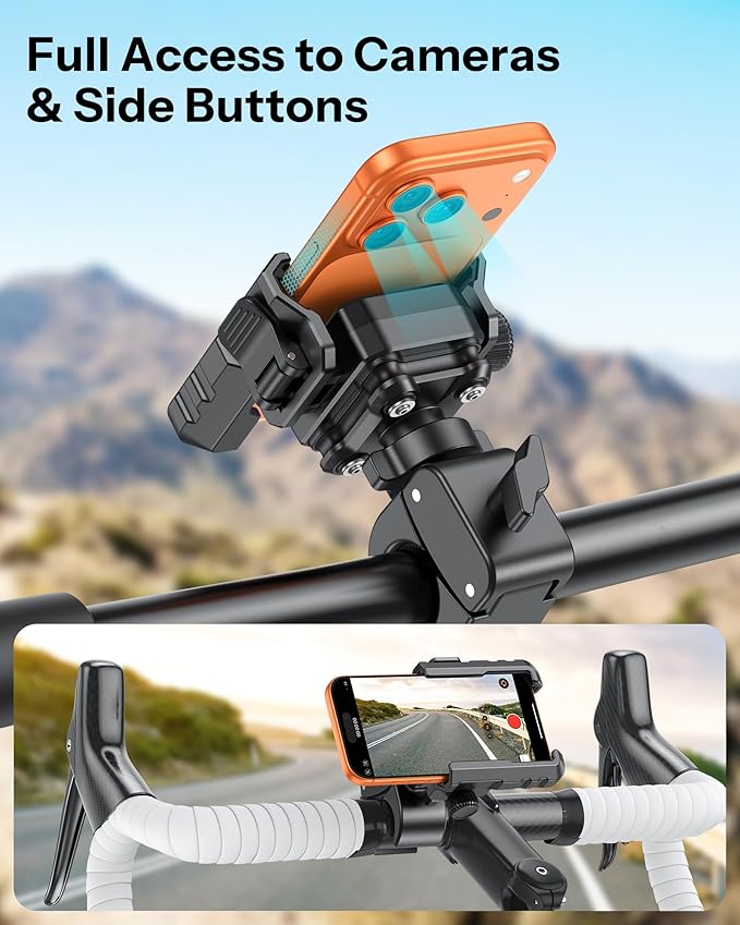 OMOTON BK01 Anti-Vibration Phone Mount, Quick Lock Shockproof Bike & Motorcycle Phone Holder, Fits iPhone & Android for Riders on E-Bike, Stroller, Scooter, Fits Handlebars & Rearview Mirror, Black