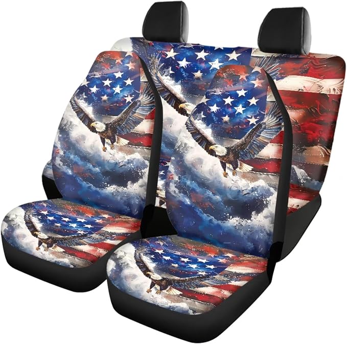 18pcs Car Accessories Set Car Seat Covers Steering Wheel Cover Auto Floor Mats Armrest Pad Covers Seat Belt Pads Roof Handle Wraps Cup Coaster Keychain (Eagle American Flag Design)
