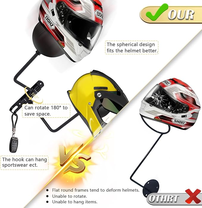 Kikerike Motorcycle Helmet Rack Wall Mount 180 Degree Rotation Metal Bike Helmet Holder Mount Bicycle Helmet Display Hanger Stand with 2 Hooks for Motorcycle Bike Baseball Rugby Helmet - Black, 1 Pcs