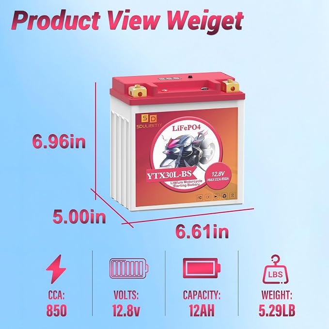 Lithium Motorcycle Battery YTX30L-BS, 12.8V 12AH 850 CCA LiFePO4 Motorcycle Battery, ATV, UTV, Jet Ski, Scooter, Lawn Mower, Tractor, Generator, Riding Lawn Mower Battery