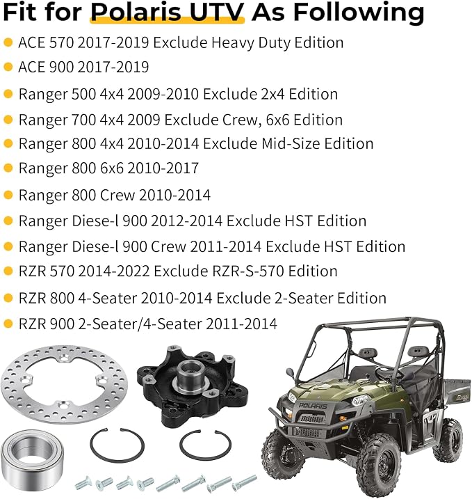 Front Wheel Hub Bearing Stud Brake Rotor Kit for Polaris RZR 900 800-4 570 Ranger 800 Diese-l 900 700 ACE 570 900 5137659-067 3515090 5254999 7517871