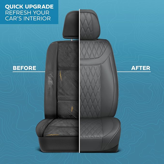 MotorBox Creekstone Series – PU Leather Seat Covers for Cars, Creekstone Series Cross-Stitch Edition Front Seat Covers, Diamond Stitched PU Leatherette Gray Car Seat Covers for Cars Trucks SUVs