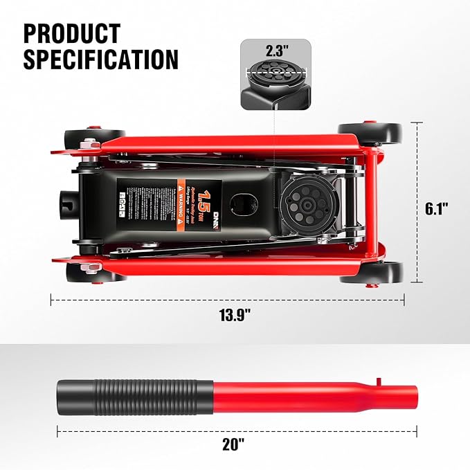 DNA Motoring Low Profile Hydraulic Trolley Service/Floor Jack, 1.5 Ton (3000 lbs) Capacity, Lifting Range 5.5"-15.35",Red, TOOLS-00675-RD