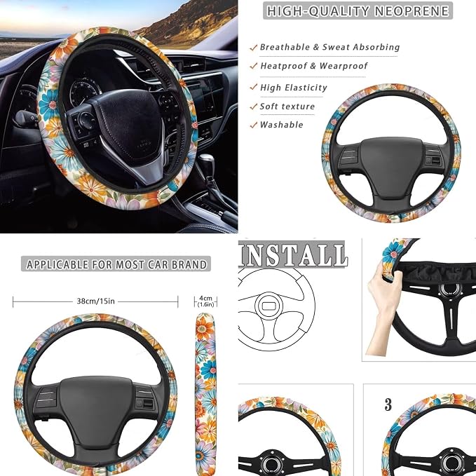 Car Accessories Car Seat Covers Full Set with Steering Wheel Covers+Seat Belt Pads+Coasters+Keychain+Lipstick Holder Universal Fit(13 Pack), Vibrant Boho Mandala Butterfly