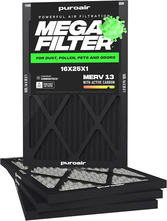 PuroAir MegaFilter - 16x25x1 Air Filter MERV 13 Activated CarbonTech Defense - Heavy Duty 3 Layer Furnace Filters Allergens, Pollen, Dust, Pet Dander, Smoke, Odors - HVAC Air Filter 16x25x1 (4-Pack)