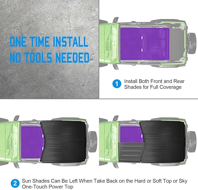 JK Sun Shade Top Compatible with Jeep Wrangler 4 Door 2007 to 2018 Sunshade Sunroof Bikini Cover Blocks UV Wind Noise Purple Mesh for Full Length